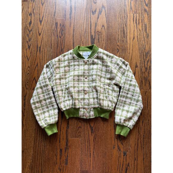 Green Plaid Boucle Bomber Jacket StreetStyle Casual School Fall Winter Spring - Picture 7 of 14